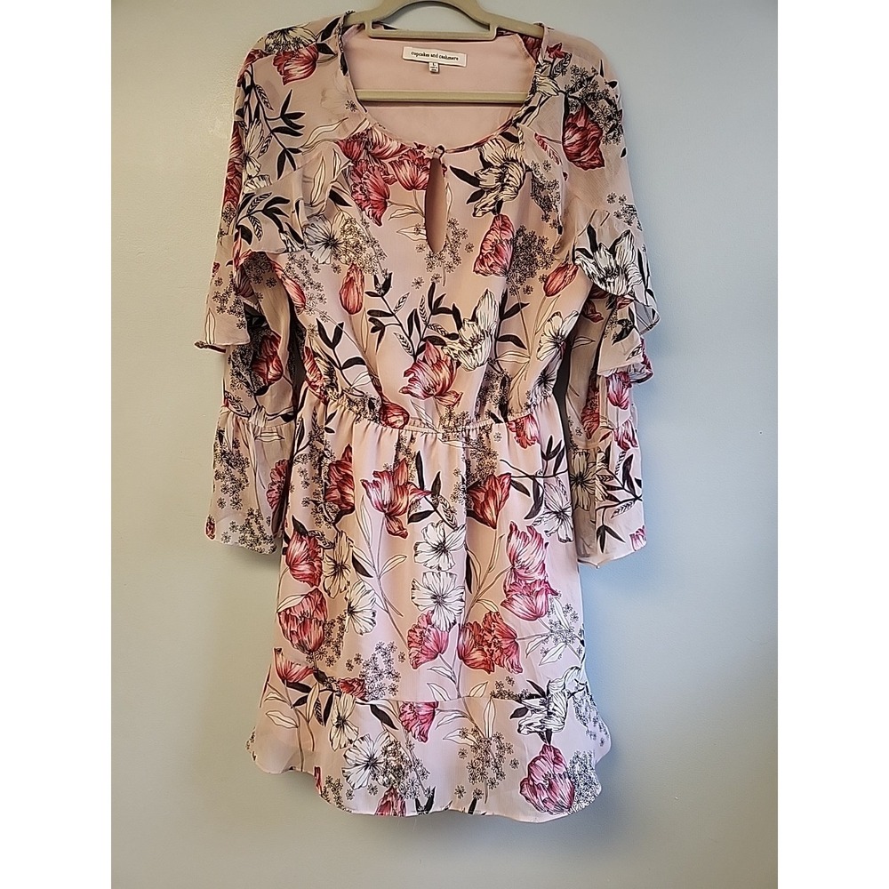 Cupcakes & Cashmere‎ $295 Womens L Sheer Flutter Sleeves Pink Floral Dress